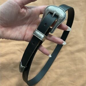 Black Leather Western Belt With Silver Metal — Small